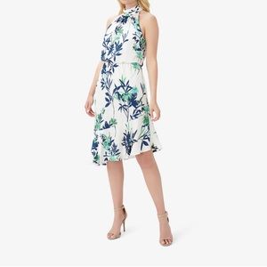 FLORAL-PRINT CREPE MIDI-LENGTH BLOUSON HALTER DRESS